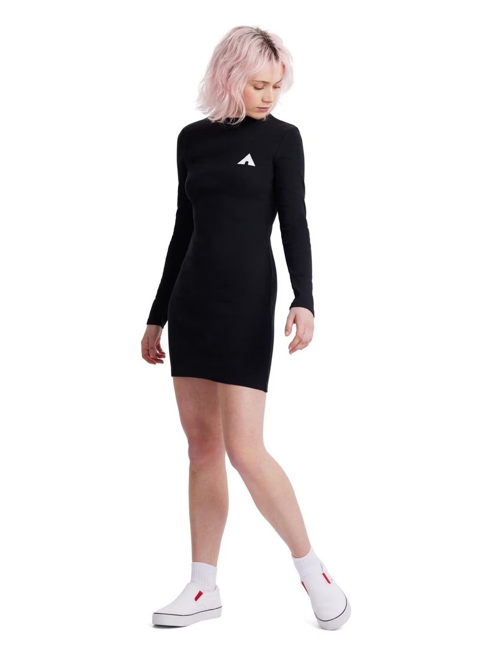 Airwalk Black Long-Sleeve High-Neck Ribbed Cotton Bodycon Dress